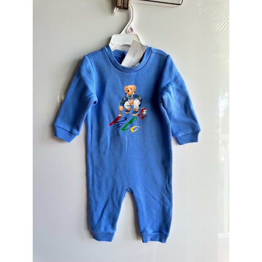 NWT Ralph Lauren Baby Boys 3 mos 6 mos 9 mos Romper  Blue Polo Bear fleece - Picture 3 of 8